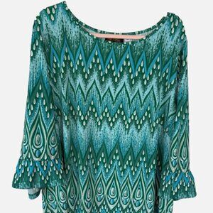 Bob Mackie Wearable Art Blouse 3X Green Teal Geometric Print Bell Sleeve